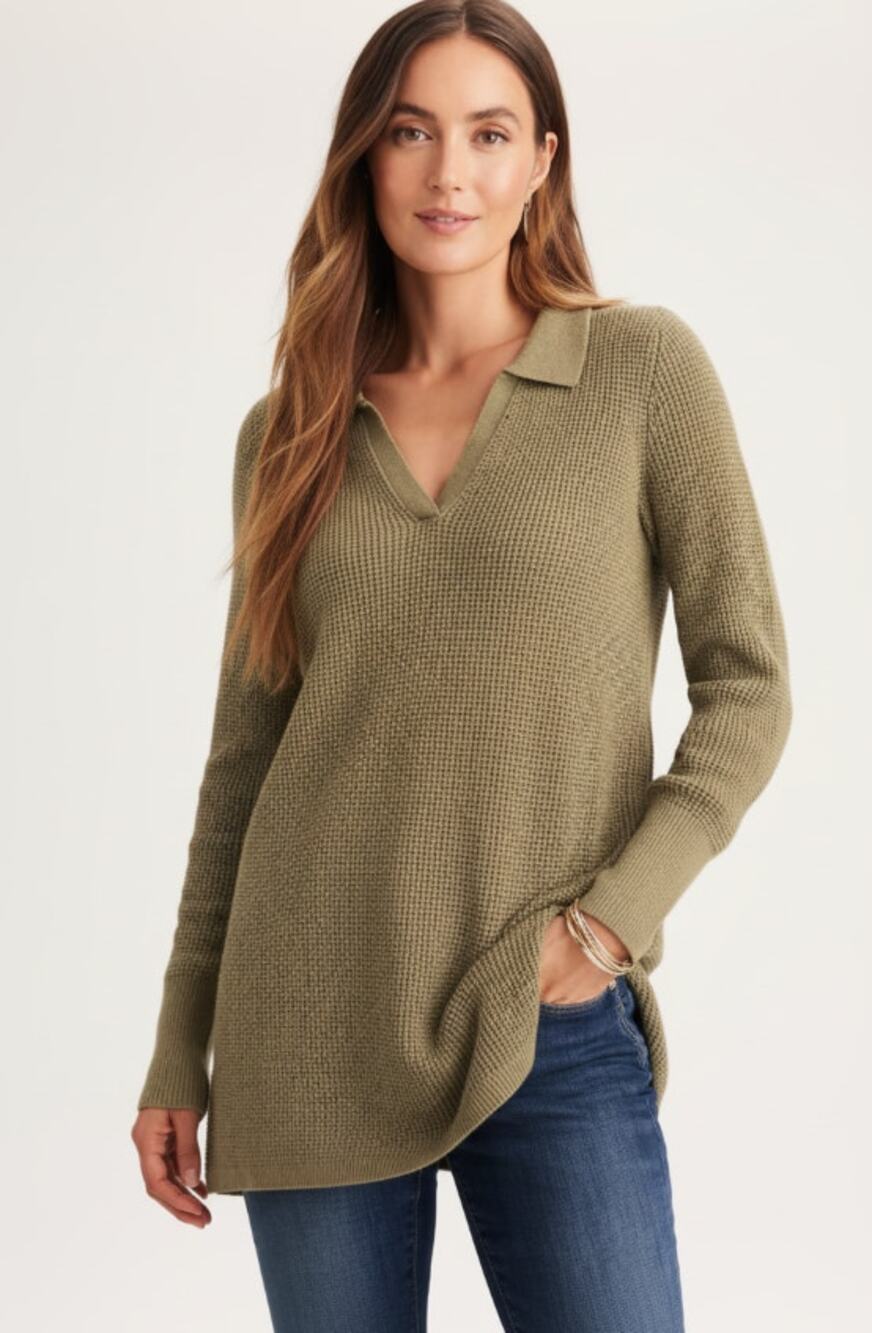 J. JILL Textured Johnny-Collar Sweater Tunic Orcher Heather Green Womens Large